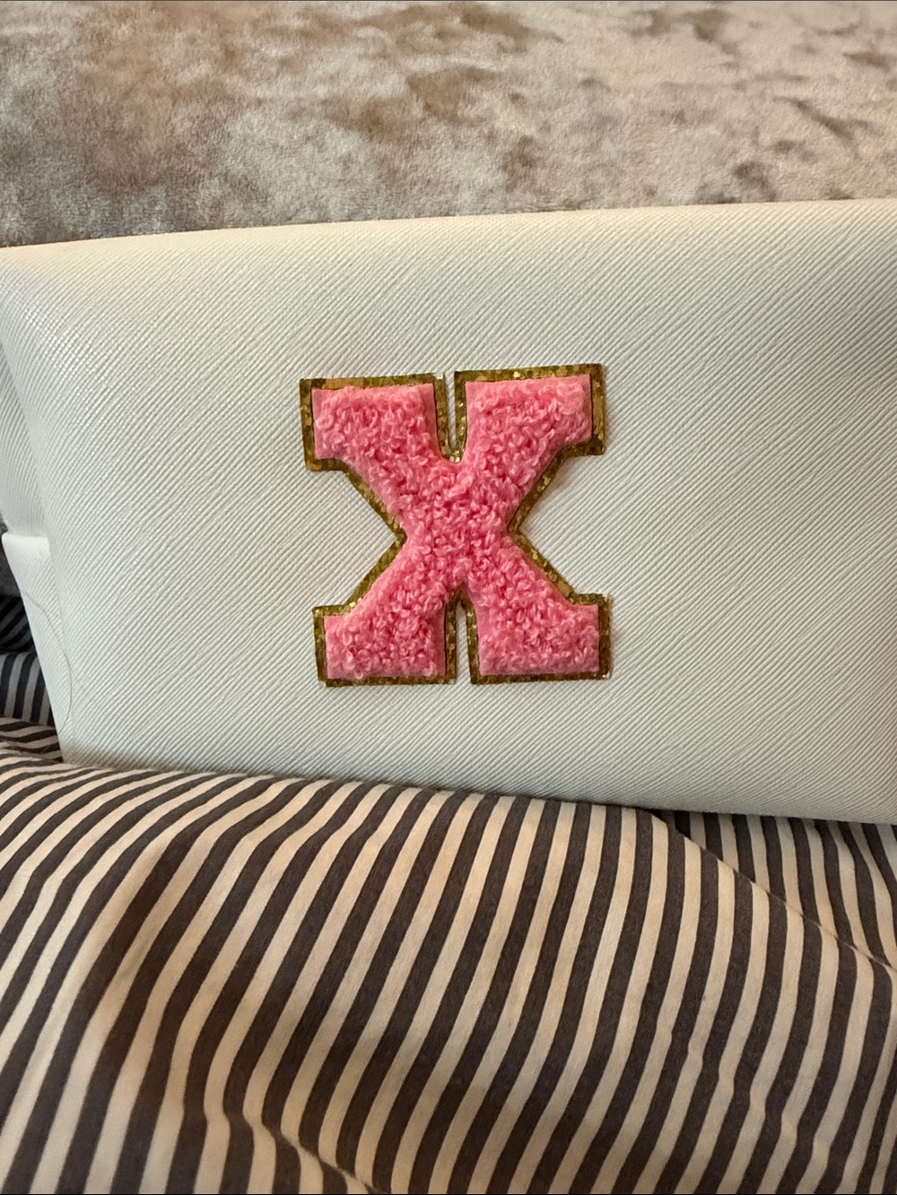 White Women's Cosmetic Pouch with Pink Letter Patch